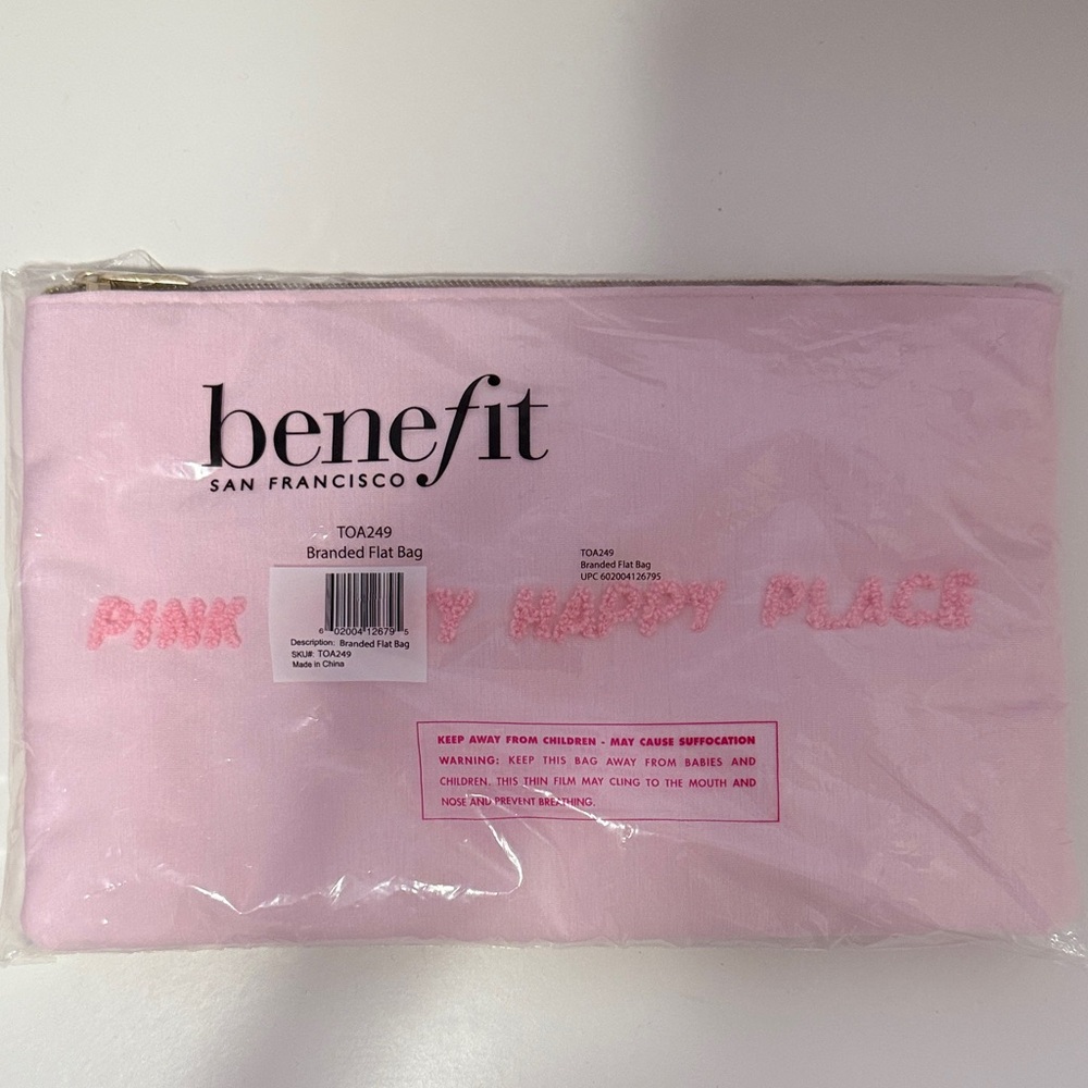 Benefit Pink Branded Flat Zip Pouch with Gold Zipper